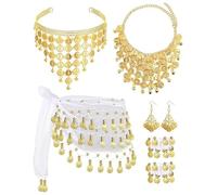 YIGZYCN Belly Dance Accessory for Women with Gold Coin Hip Scarf Gold Coin Drop Earrings Headband Necklace Bracelets for Party