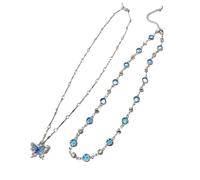 YIGZYCN Elegant Blue Crystal Butterfly Necklace, Handmade Neck Chain, Adjustable Length, Clavicle Chain Accessories for Daily Wear