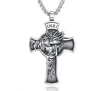 [YIGZYCN] Stainless Steel Jesus Face Christ Cross Religious Pendant Necklace Antique Finish Mens Christian