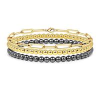 YIHANSS 3Pcs Set Bracelet 4MM Natural Stone Beaded Bracelet Set for Women Men Retro Layered Chain Bangles Jewelry,Lava,19cm Crystal (Color : Gold, Size : 19cm)
