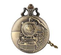 YIHANSS LED Flash Luminous Vintage Dial Quartz Pocket Watch Chain Bronze Carved Steam Train Steampunk Motor Railway Retro FOB Clock Hour