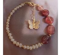 YIHANSS Modern Feng Shui Wealth Bracelet Strawberry Quartz Freshwater Pearl Butterfly Pendant Crystal Chakra Gemstone Adjustable Bracelet Attract Money Love Good Luck Cinnabar