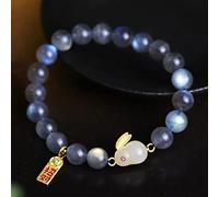YIHANSS Natural Crystal Bracelet 8MM Grey Moonstone Gilded Sterling Silver Inlaid Hetian Jade Rabbit Lucky Charm Feng Shui Card Pendant Amulet Ward Off Evil Spirits for Money Prosperity Cinnabar