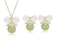 YIHANSS Natural Hetian Jade Jewelry Set for Women, Dainty Lucky Green Jade Bow Charm Stud Earrings Adjustable Choker Chain, Handmade Matching Necklace Earrings (925 Sterling Silver with Gold Plated)