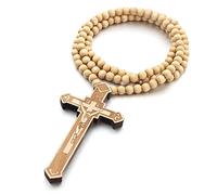 YIHANSS Necklaces Personality, Catholic Cross Wooden Beads Rosary Religious Jesus Carved Jewelry Chain Black (Color : Natural Color)