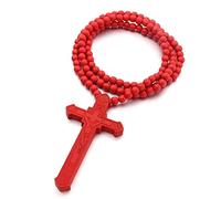 YIHANSS Necklaces Personality, Catholic Cross Wooden Beads Rosary Religious Jesus Carved Jewelry Chain Black (Color : Rosso)