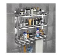 YIHANSS Three-Tier Wall-Mounted Shower Caddy Organizer, Stainless Steel Bathroom Storage Rack with Towel Hook for Skin Care Products, Simple & Stylish, Space-Saving Solution