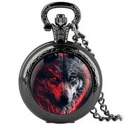 YIHAOYH Vintage Pocket Watch for Women Men Graphic Design Quartz Pocket Watches with Chain Pendant Christmas Birthday Gift with Box, red wolf, vintage retro fashion graphic glass dome design