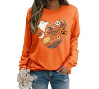 Yihelian Halloween Sweatshirts for Women Ghost Pumpkin Bat Graphic Printing Top Ladies Long Sleeve Crew Neck Sweater Jumper Shirts Orange