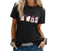 Yihelian Halloween Tshirts Women UK Ghost Cat Graphic Printing Top Short Sleeve CEW NCK Shirt A-Black