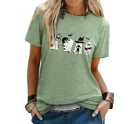 Yihelian Halloween Tshirts Women UK Ghost Cat Graphic Printing Top Short Sleeve CEW NCK Shirt Olive Green