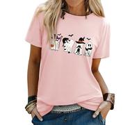 Yihelian Halloween Tshirts Women UK Ghost Cat Graphic Printing Top Short Sleeve CEW NCK Shirt Pink