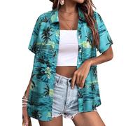 Yihelian Hawaiian Shirts for Women Summer Short Sleeve Top Floral Tropic Printing V Neck Button Down T Shirts Blouses Teal