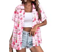 Yihelian Hawaiian Shirts for Women Summer Short Sleeve Top Floral Tropic Printing V Neck Button Down T Shirts Blouses Pink