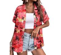 Yihelian Hawaiian Shirts for Women Summer Short Sleeve Top Floral Tropic Printing V Neck Button Down T Shirts Blouses Sunset Red