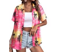 Yihelian Hawaiian Shirts for Women Summer Short Sleeve Top Floral Tropic Printing V Neck Button Down T Shirts Blouses Hot Pink