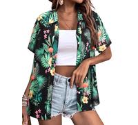 Yihelian Hawaiian Shirts for Women Summer Short Sleeve Top Floral Tropic Printing V Neck Button Down T Shirts Blouses Green