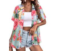 Yihelian Hawaiian Shirts for Women Summer Short Sleeve Top Floral Tropic Printing V Neck Button Down T Shirts Blouses Mint Green