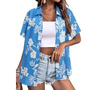 Yihelian Hawaiian Shirts for Women Summer Short Sleeve Top Floral Tropic Printing V Neck Button Down T Shirts Blouses Cornflower Blue