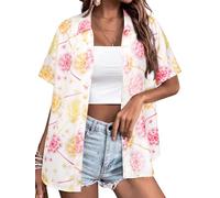 Yihelian Hawaiian Shirts for Women Summer Short Sleeve Top Floral Tropic Printing V Neck Button Down T Shirts Blouses A-Pink