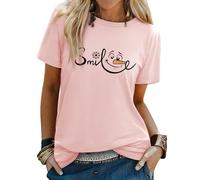 Yihelian Ladies T-Shirts Snowflake Snowman Smile Face Printing Top Women Short Sleeve Crew Neck Graphic Printed Tee Shirts for Summer, Winter, Christmas, Halloween Pink