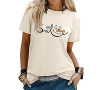 Yihelian Ladies T-Shirts Snowflake Snowman Smile Face Printing Top Women Short Sleeve Crew Neck Graphic Printed Tee Shirts for Summer, Winter, Christmas, Halloween Sand