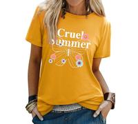 Yihelian Summer Top for Women UK Butterfly Flower Printing T-Shirts Casual Loose Blouse Short Sleeve Crew Neck Mustard Yellow