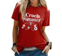 Yihelian Summer Top for Women UK Butterfly Flower Printing T-Shirts Casual Loose Blouse Short Sleeve Crew Neck Red