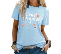 Yihelian Summer Top for Women UK Butterfly Flower Printing T-Shirts Casual Loose Blouse Short Sleeve Crew Neck Light Blue