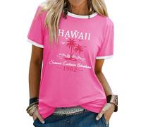 Yihelian Summer Tops for Women UK Short Sleeve Hawaii Letter Printing T-Shirts Ladies Crew Neck Graphic Blouse Loose Casual Tee Shirt