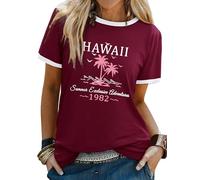 Yihelian Summer Tops for Women UK Short Sleeve Hawaii Letter Printing T-Shirts Ladies Crew Neck Graphic Blouse Loose Casual Tee Shirt