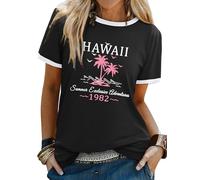 Yihelian Summer Tops for Women UK Short Sleeve Hawaii Letter Printing T-Shirts Ladies Crew Neck Graphic Blouse Loose Casual Tee Shirt