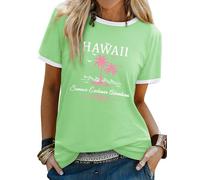 Yihelian Summer Tops for Women UK Short Sleeve Hawaii Letter Printing T-Shirts Ladies Crew Neck Graphic Blouse Loose Casual Tee Shirt