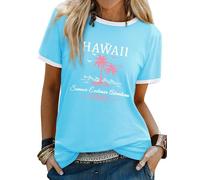 Yihelian Summer Tops for Women UK Short Sleeve Hawaii Letter Printing T-Shirts Ladies Crew Neck Graphic Blouse Loose Casual Tee Shirt