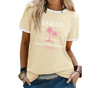 Yihelian Summer Tops for Women UK Short Sleeve Hawaii Letter Printing T-Shirts Ladies Crew Neck Graphic Blouse Loose Casual Tee Shirt