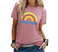Yihelian T Shirts for Women Summer Short Sleeve Top Ladies Good Vibes Print Crew Neck Shirts Fashion Baggy Cotton Blend Blouse Brick Red