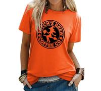 Yihelian T-Shirts Women Halloween Witch Brew Graphic Printing Top Ladies Short Sleeve Round Neck Blouse Orange