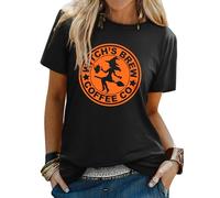Yihelian T-Shirts Women Halloween Witch Brew Graphic Printing Top Ladies Short Sleeve Round Neck Blouse Black