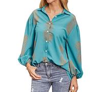 Yihelian Women Long Sleeve Shirts Pineapple Printed V Neck Top Buttons Down Blouse for Summer Autumn Lake Blue