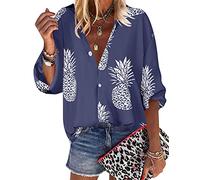 Yihelian Women Long Sleeve Shirts Pineapple Printed V Neck Top Buttons Down Blouse for Summer Autumn Blue