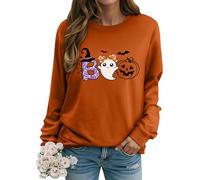Yihelian Womens Halloween Sweatshirt Cute Ghost Pumpkin Crew Neck Jumper | Cozy Long Sleeve Pullover Top for Autumn Spooky Graphic Print Clothing Ideal for Themed Parties, Holidays and Casual Wear