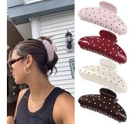 YIHONGYAN 4Pcs Polka Dots Half-Round Hair Clips - Large 8-Teeth Non-Slip Marble Claw Clips for Women Strong Hold Hair Accessories Bathroom Hair Holder Clip (Brown,Red,Pink,White)