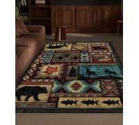 YIHOUSE Rustic Cabin Area Rug 4x6,Machine Washable Lodge Bear Rug,Non-Slip Low Pile Print Pattern Western Rug for Living Room Bedroom