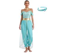Yihuimin Adult Arabian Princess Cosplay Halloween Costume Bell Dance Jumpsuits with Hairhoop Turquoise XL