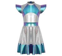 Yihuimin Alien Girls Costume Shiny Flutter Sleeve Tutu Dance Dress Robot Theme Party Dress-up Blue A 9-10 Years