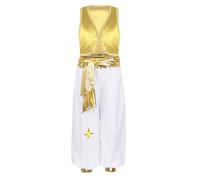 Yihuimin Boys Arabian Prince Street Dance Costume Silky Waistcoat Top with Harem Dance Pants Yellow 11-12 Years