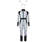 Yihuimin Boys Girls Space Alien Robot Dance Costume Metallic Zip Up Overall with Feeler Long Sleeve Jumpsuit Silver 5-6 Years
