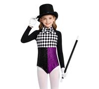 Yihuimin Girls 4 Pcs Sequins Bodysuit Checkerboard Bow Tie Shiny with Top Hat Gloves and Magic Wand Set Black Purple 5-6 Years