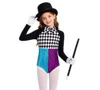 Yihuimin Girls 4 Pcs Sequins Bodysuit Checkerboard Bow Tie Shiny with Top Hat Gloves and Magic Wand Set Blue Purple 7-8 Years