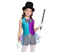 Yihuimin Girls 4 Pieces Stripes Leotards Checkerboard Bow Knot Tutu Bodysuit with Top Hat Gloves and Magic Wand Outfit Set Green 13-14 Years